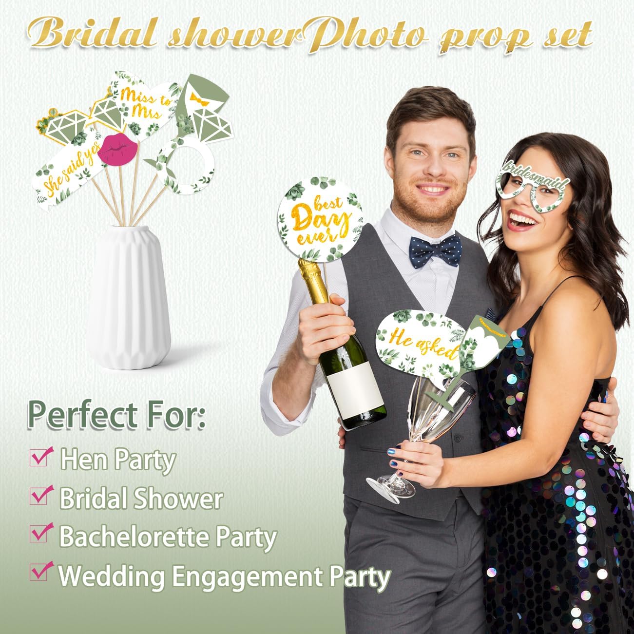 Bridal Shower Decorations Sage Green Wedding Decorations Engagement Party Decorations She Said Yes Party Photo Booth Frame &#x26; Props for Wedding Party Supplies