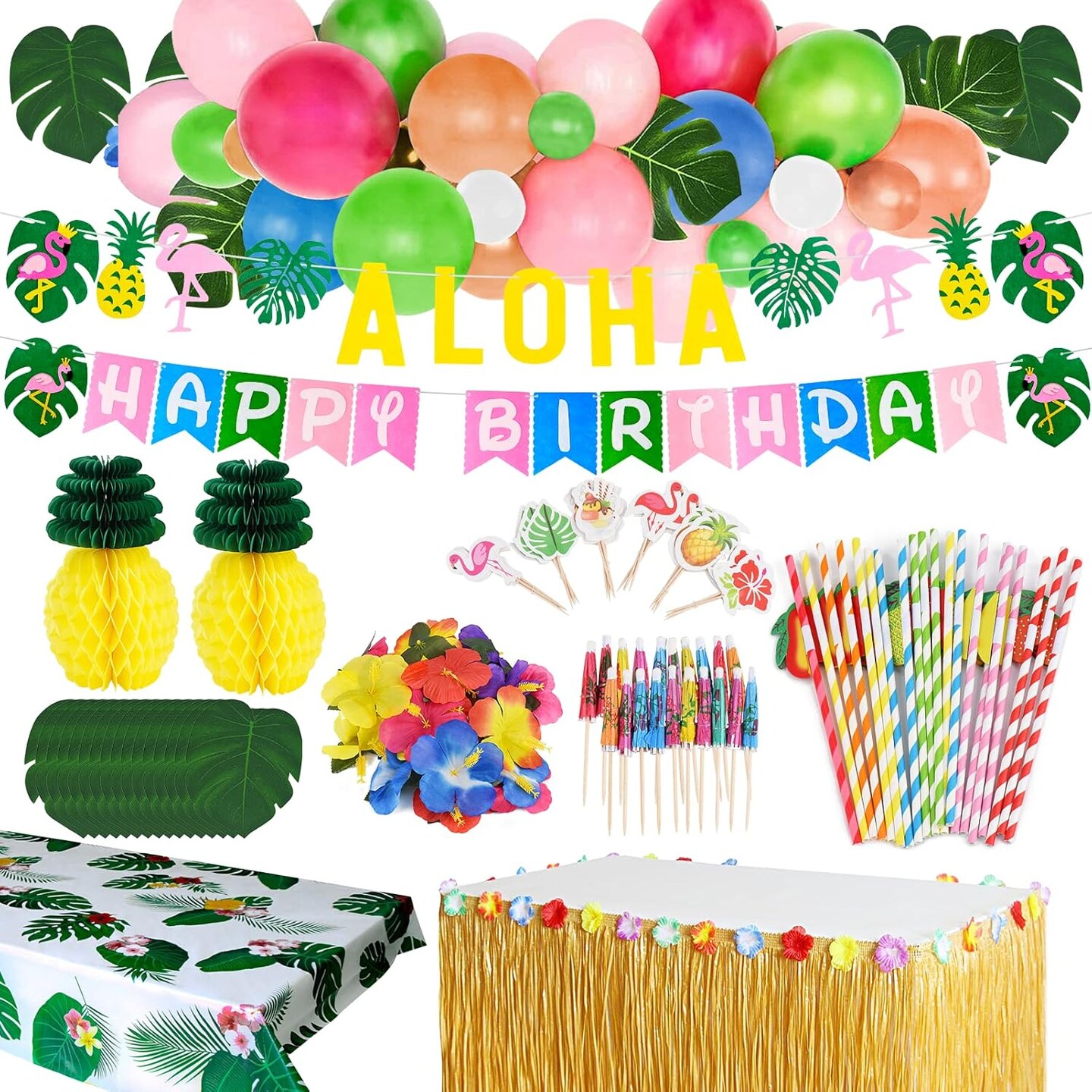 Tropical Luau Party Decoration Pack Hawaiian Beach Theme Party Flamingo Pineapple D&#xE9;cors Multi Scene Luau Party Supplies (135pcs)