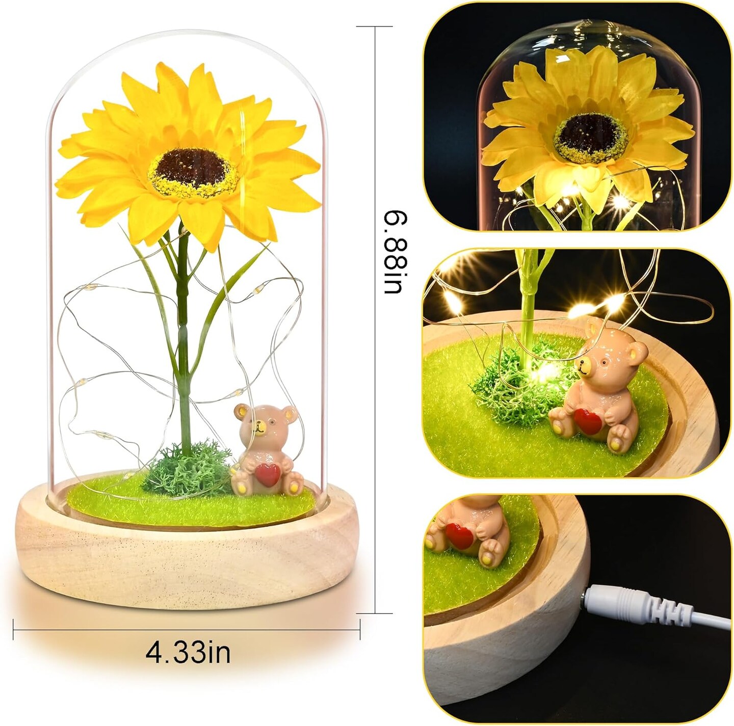 Mothers Day Sunflower Gifts for Women,Sun Flowers Home Decor,Forever Sunflower in Glass Dome,Unique Gifts for Xmas,Wedding,Mothers Day,Anniversary