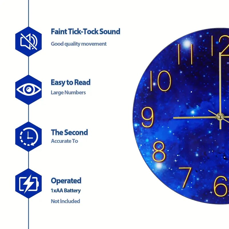 12-Inch Blue Glass Galaxy Wall Clock for Bedroom, Living Room, Office &#x2013; Frameless Silent Battery Operated Round Clock with Tempered Glass (Requires 1x AA Battery)
