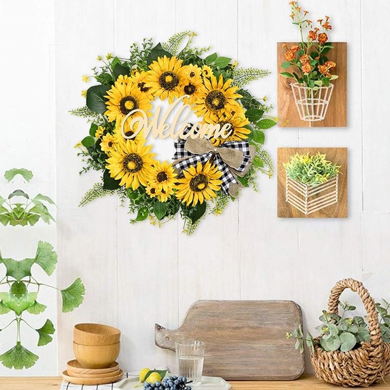 Summer Sunflower Wreath for Front Door &#x2013; 20&#x22; Farmhouse Wreath with Welcome Sign &#x26; Bow, Bright Seasonal Decor for Porch, Patio, or Window