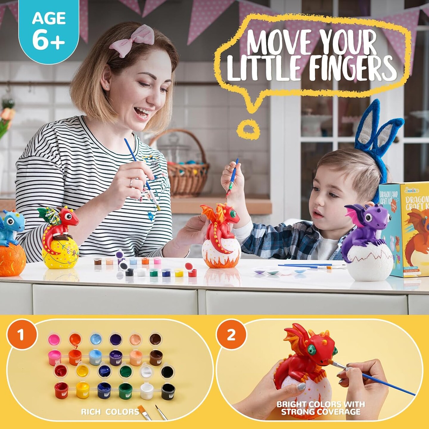 JMMICO Paint Your Own Dragon Lamp Craft Kit, Painting Kits for Kids Ages 4-8, DIY Dragon Craft Night Light with 12 Colors Paint, Arts and Crafts for Kids Ages 6-14,Pat-pat Drawing Toys Birthday Gift