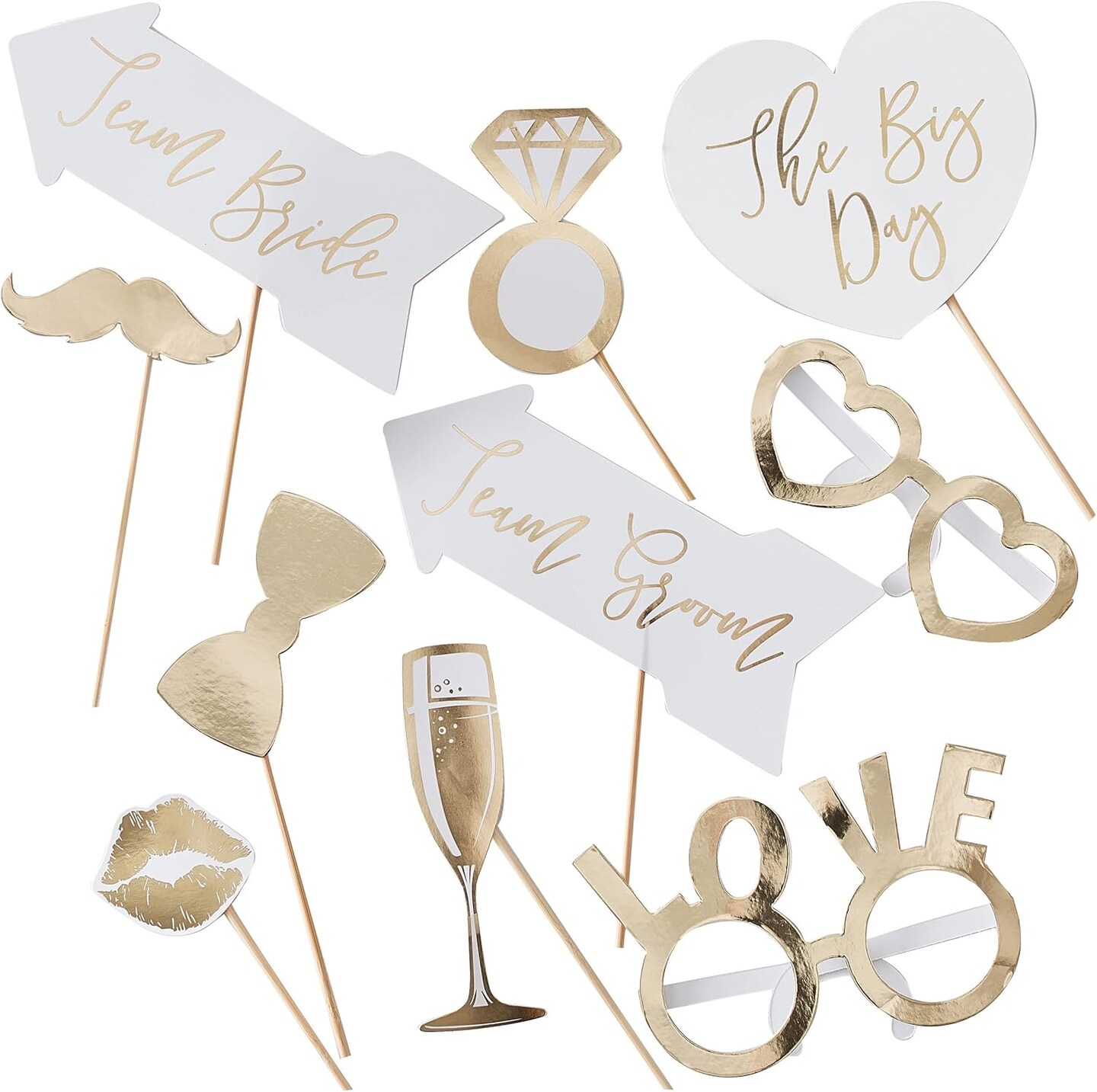 Wedding Photo Booth Props, Gold, 10 Pack, Foiled, Party Decoration