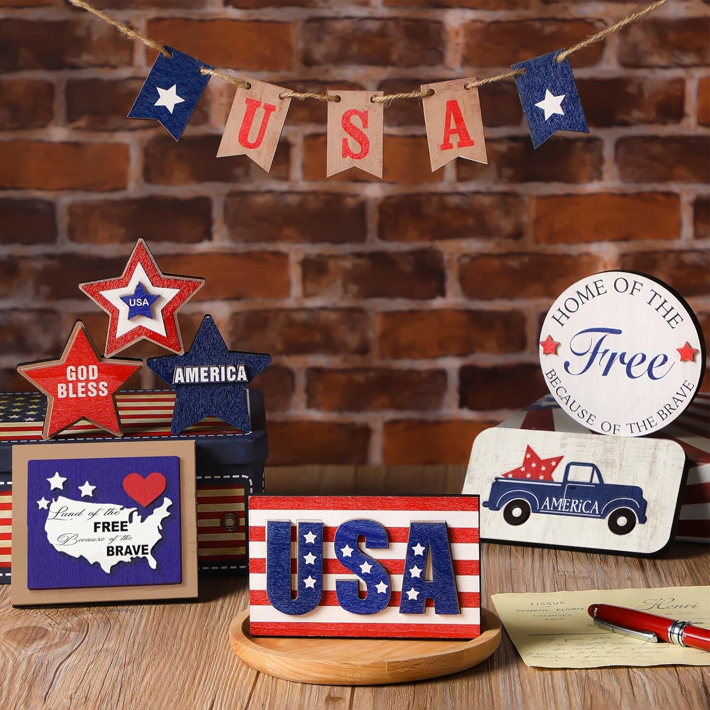 Patriotic Tiered Tray Decor Set 4th of July Tabletop Decor Memorial Day Decorations Red White Blue Wooden Sign Farmhouse Independence Day Centerpieces American Flag USA Decor(Classic Style)