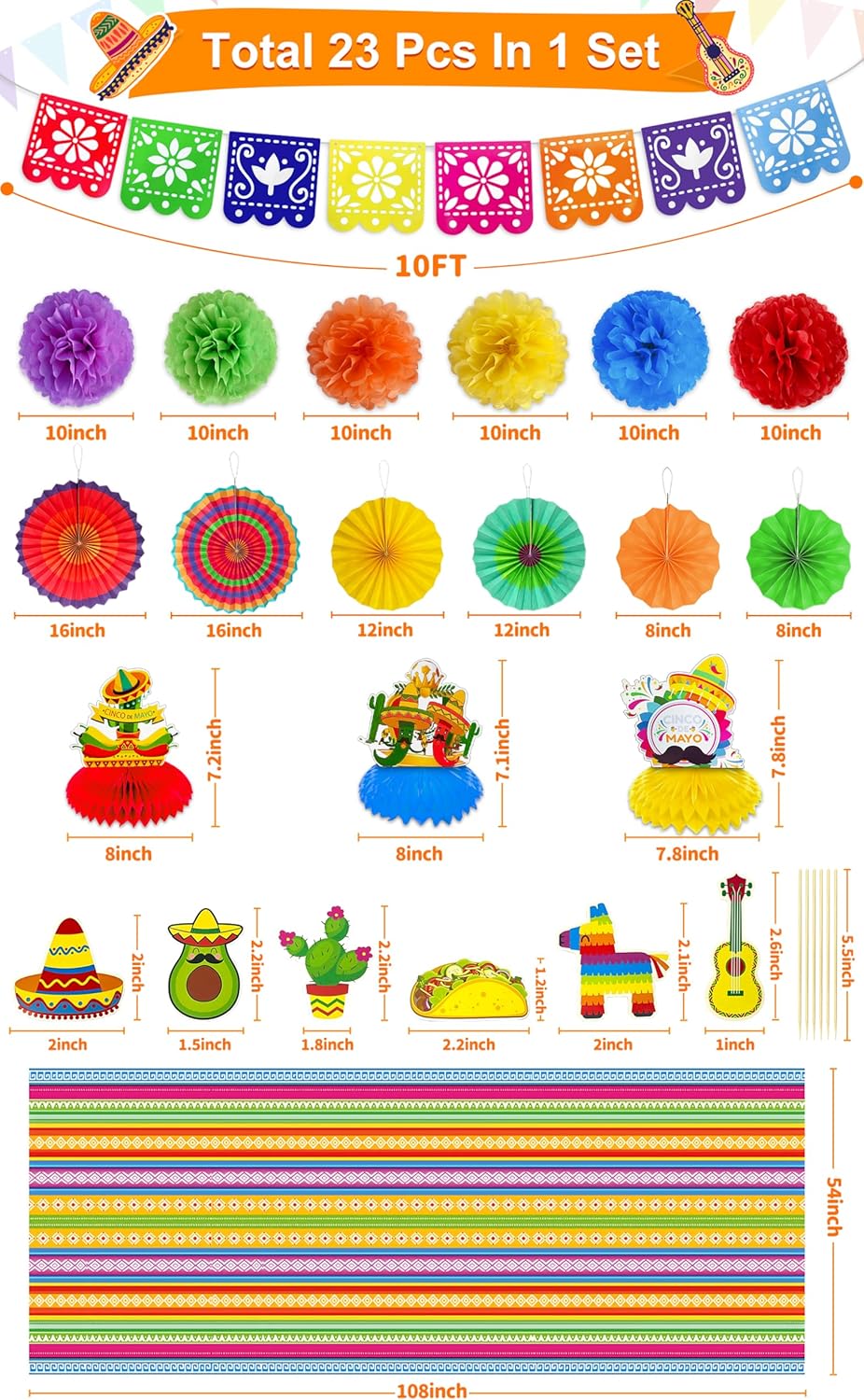 6 Varieties 23 Pcs Cinco De Mayo Fiesta Party Decorations, Mexican Themed Party Supplies Paper Fans Pom Poms Banner Table Runner Honeycomb Table Decor Cupcake Toppers for Taco Tuesday Luau Party Favor