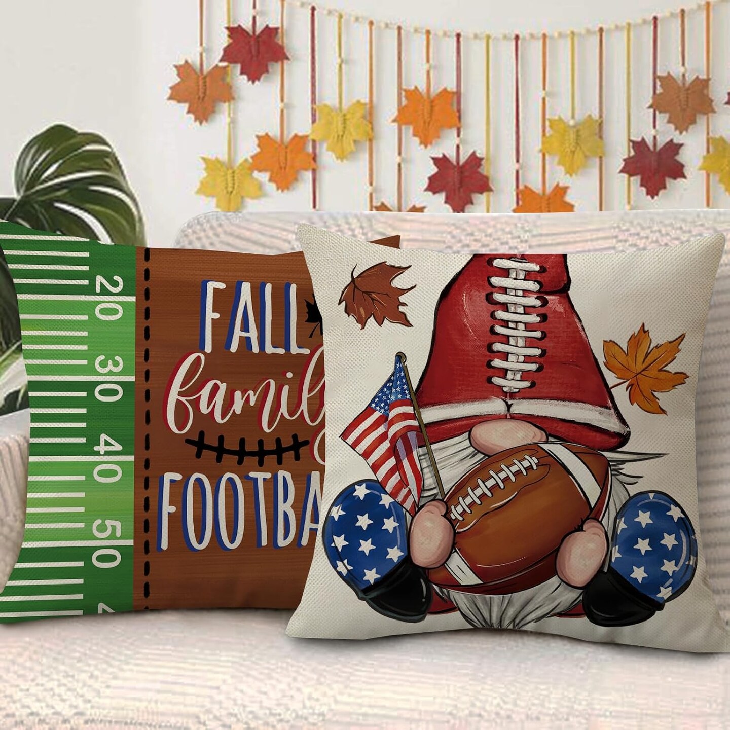 Fall Family Football Decorative Throw Pillow Covers 18 x 18 Set of 4, Autumn Game Day Gnome Helmet Porch Patio Outdoor Pillowcase