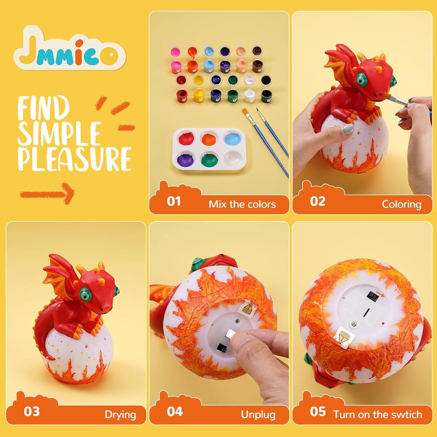 JMMICO Paint Your Own Dragon Lamp Craft Kit, Painting Kits for Kids Ages 4-8, DIY Dragon Craft Night Light with 12 Colors Paint, Arts and Crafts for Kids Ages 6-14,Pat-pat Drawing Toys Birthday Gift