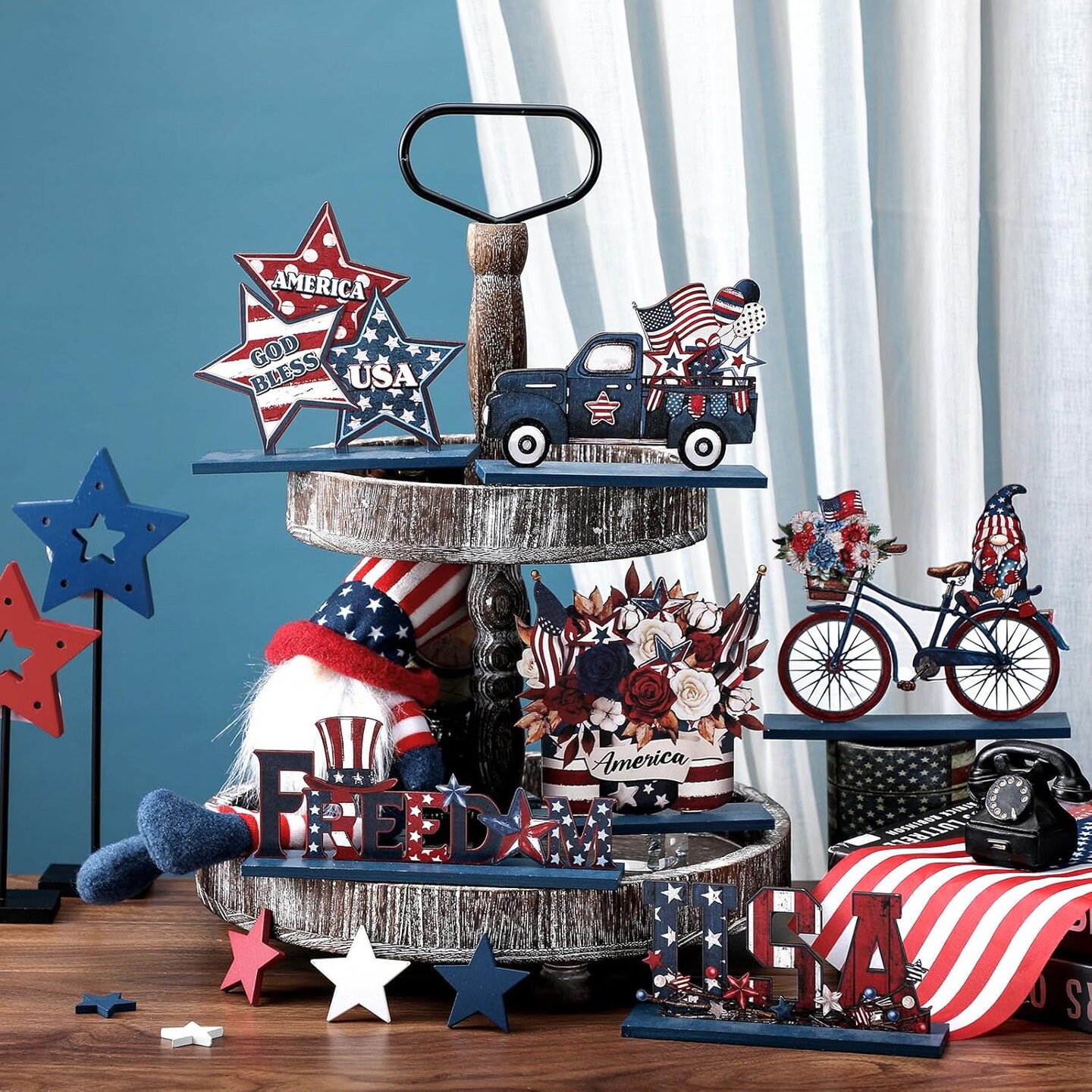 6 Pcs Memorial Day Wooden Table Decor Patriotic Wood Sign Tabletop Centerpiece Rustic USA Star Decorations for Office Desk Farmhouse Home Kitchen Tiered Tray Decor Shelves Table Decorations