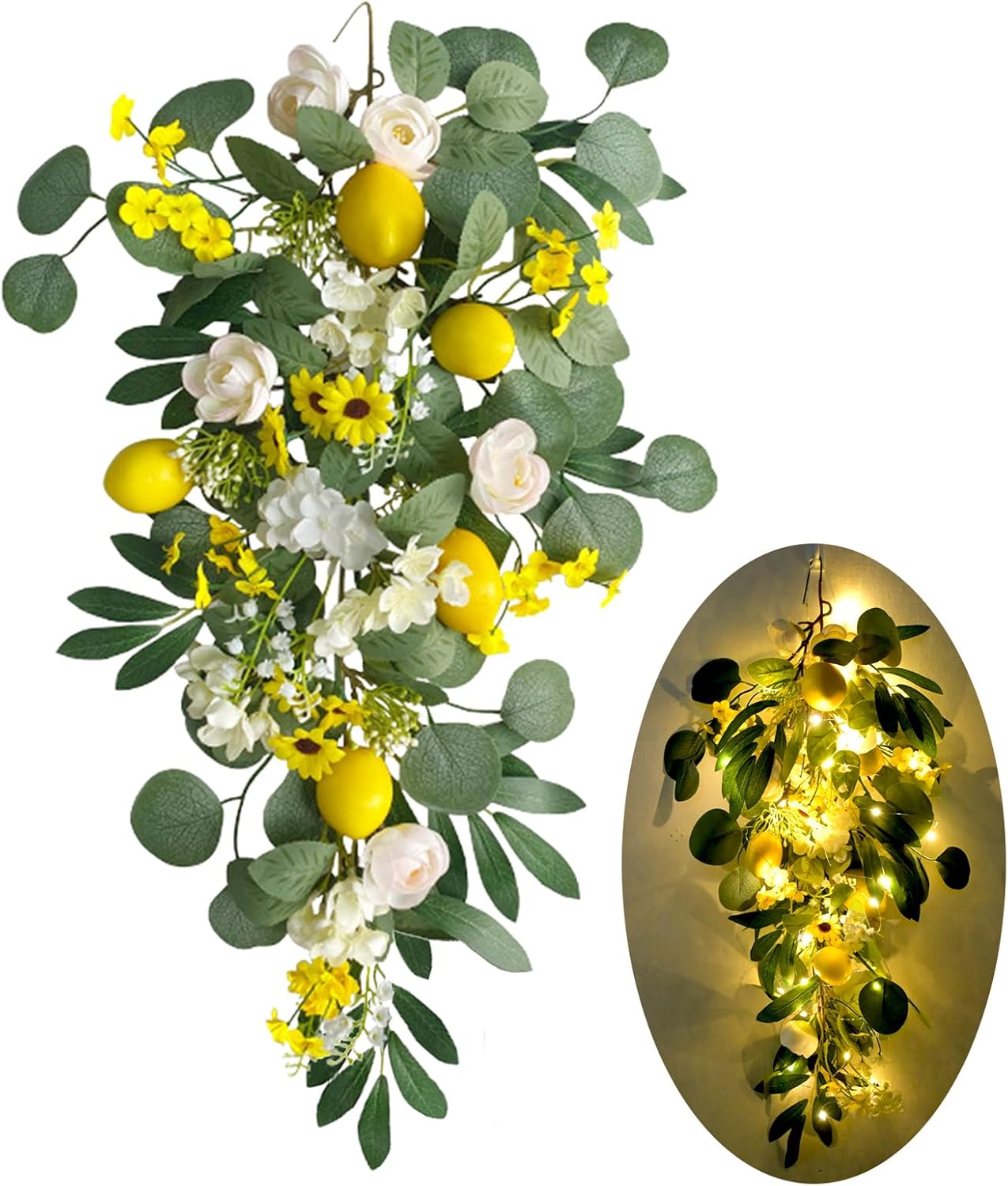 Lemon Door Swag with Lights 27.6&#x22; Summer Wreaths for Front Door