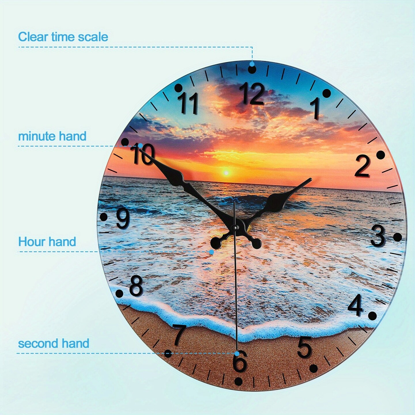 12-Inch Beach-Themed Blue Glass Wall Clock – Frameless Silent Battery Operated, Tempered Glass Design with Analog Display (1x AA Battery Required)