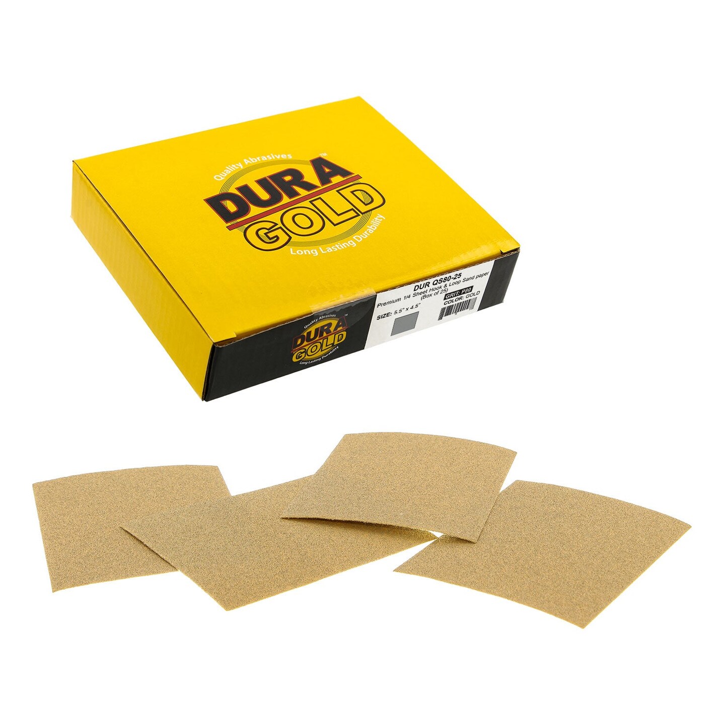 80 Grit - 1/4 Sheet Hook &#x26; Loop Sandpaper 5.5&#x22; x 4.5&#x22; - For Automotive &#x26; Wookworking Palm Sanders - Box of 25