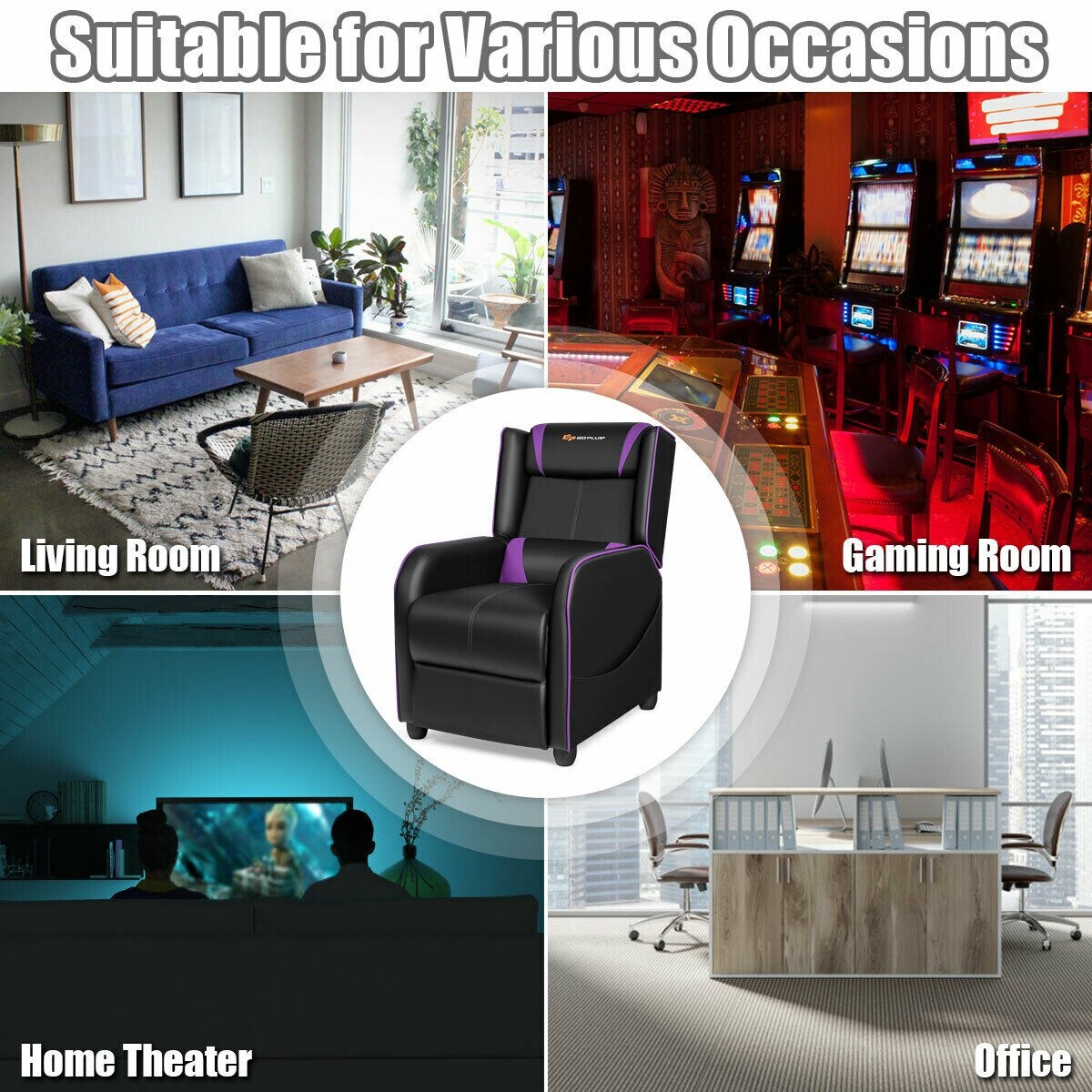 Ergonomic Purple Massage Gaming Recliner Chair