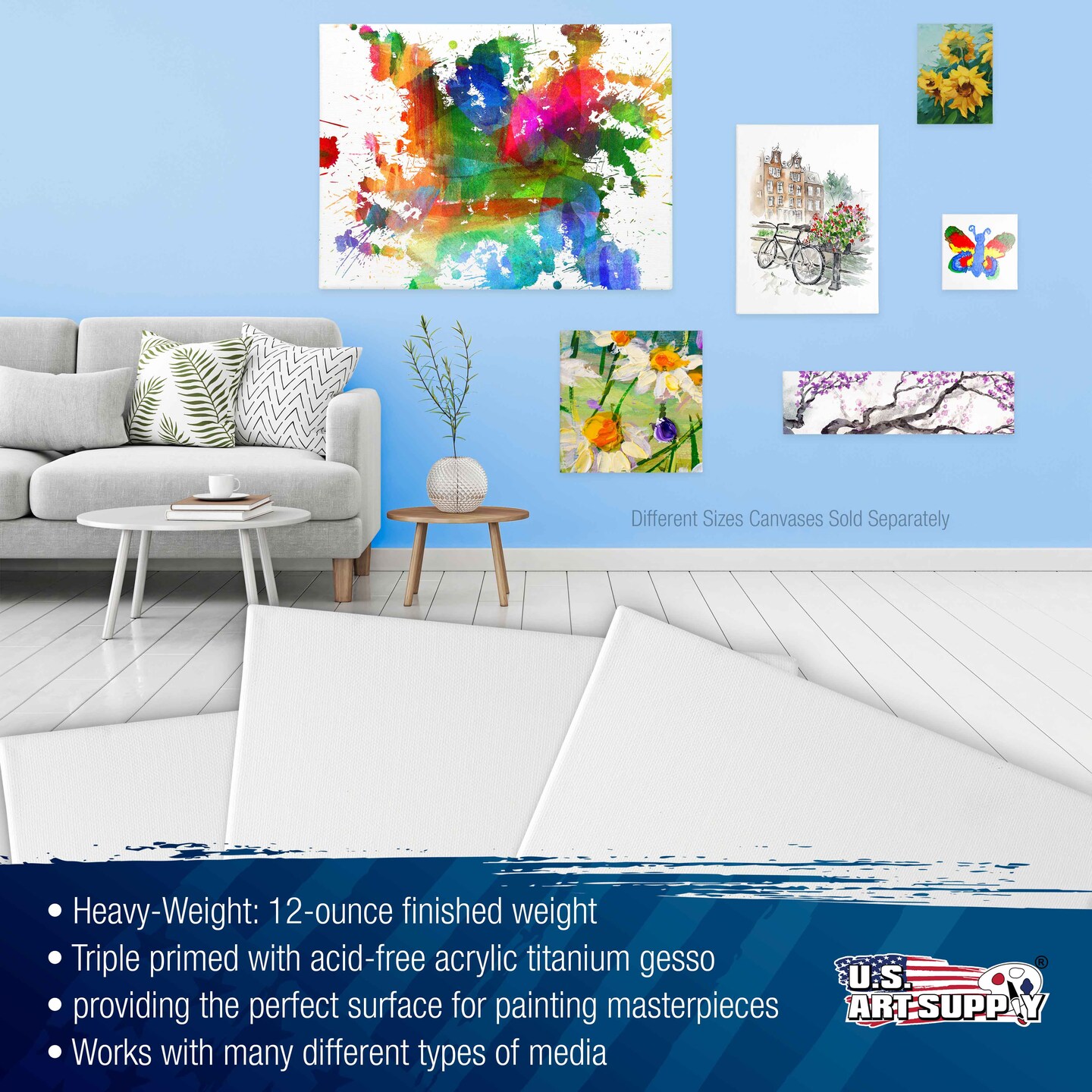 24 x 36 inch Stretched Canvas 12-Ounce Triple Primed, 3-Pack - Professional Artist Quality White Blank 3/4&#x22; Profile, 100% Cotton, Heavy-Weight Gesso