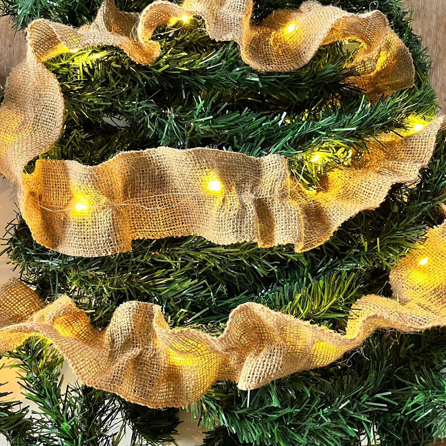 Garland 9 Ft Burlap Ribbon for Christmas Tree, 6-Rolls LED Lighted Burlap Garland