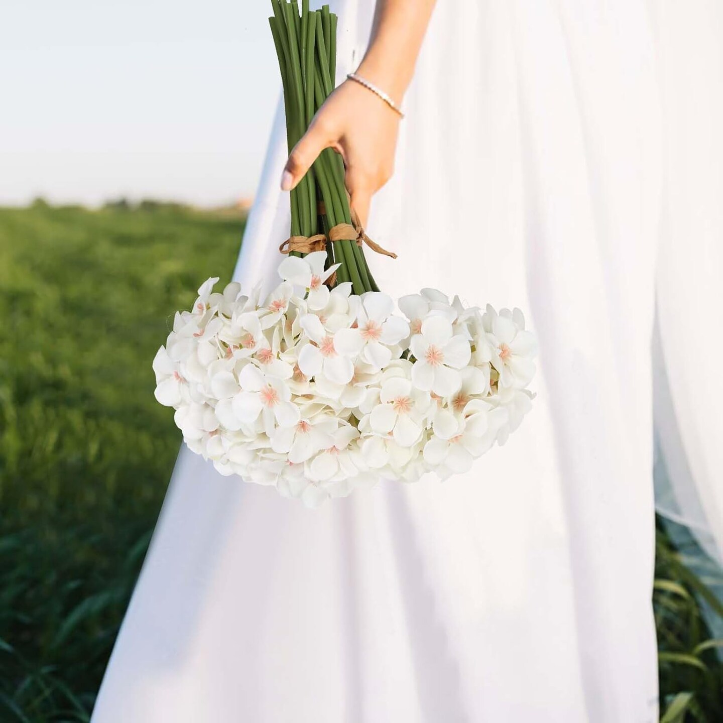 Summer Floral Arrangement &#x2013; Faux Hydrangea Artificial Bouquets, 14 Stems Fake Small Silk Flowers for Vase, Wedding and Baby Shower Centerpieces