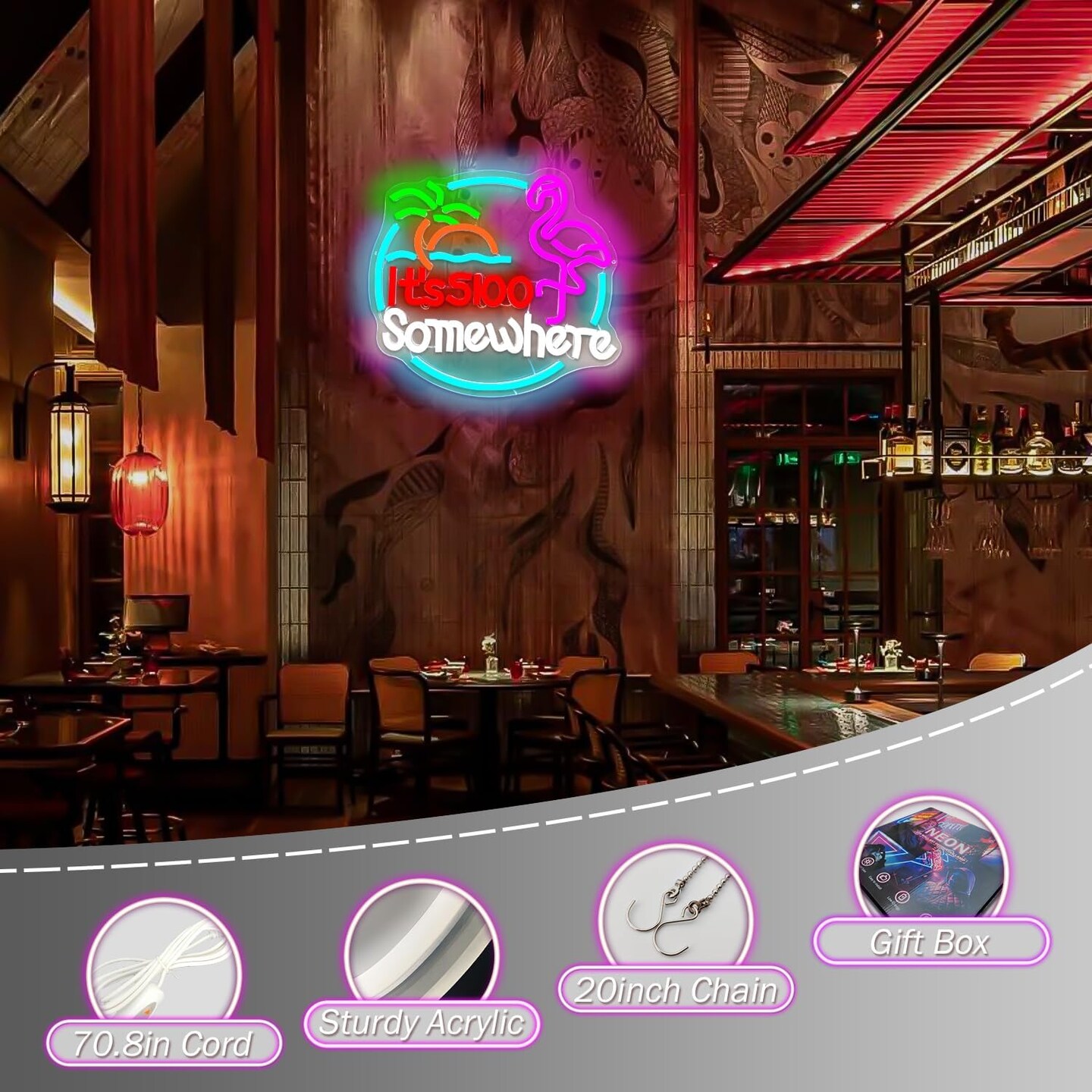 Summer Flamingo &#x22;It&#x2019;s 5:00 Somewhere&#x22; Neon Sign &#x2013; Tropical Summer LED Wall Light for Tiki Bars, Home Bars, Patios &#x26; Poolside Vibes