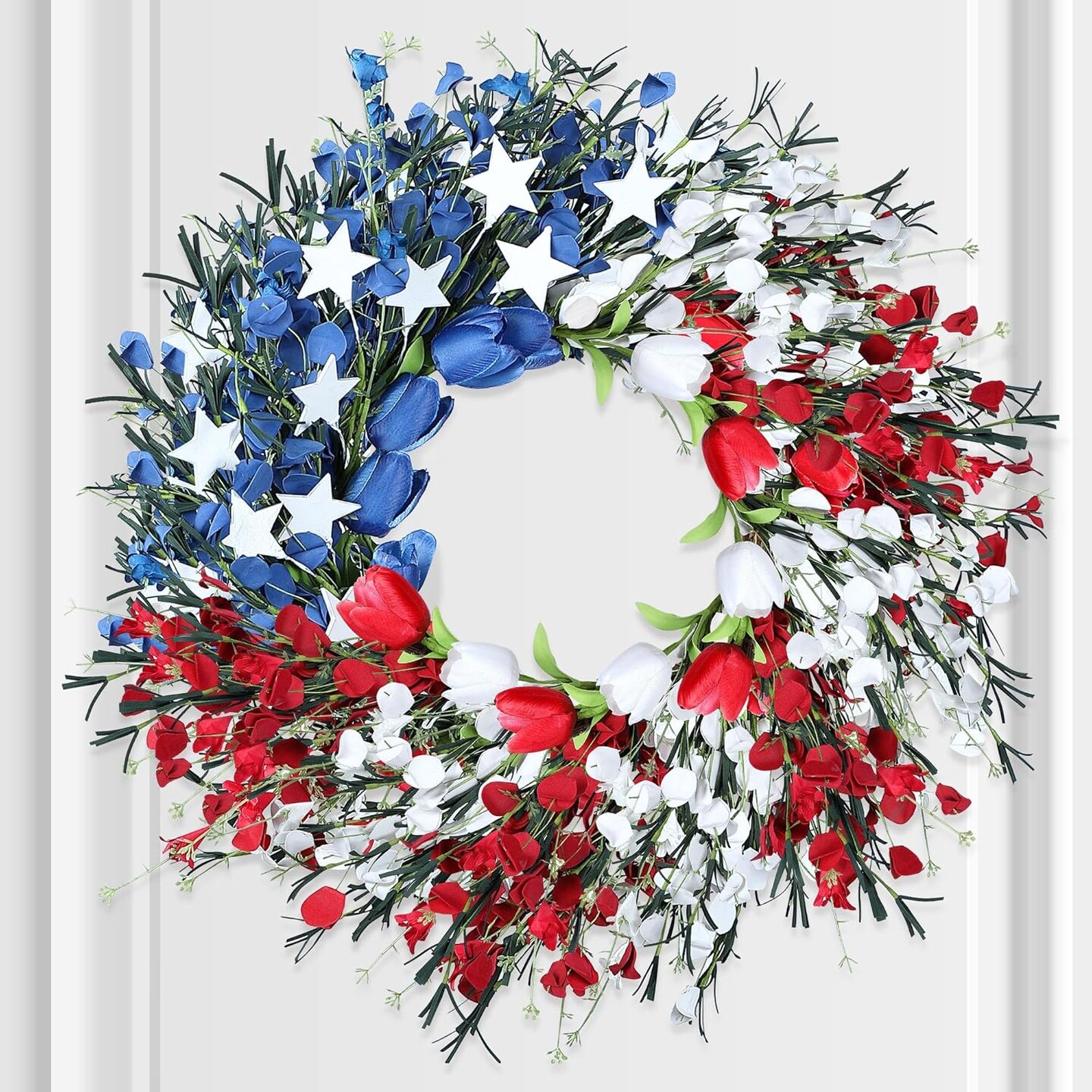 Patriotic 4th July Front Door Wreath, Ideal Red, White and Blue Foam Flower Wreath for Independence Day, Memorial Day and Flag Day, American Wreath with Tulip and Star