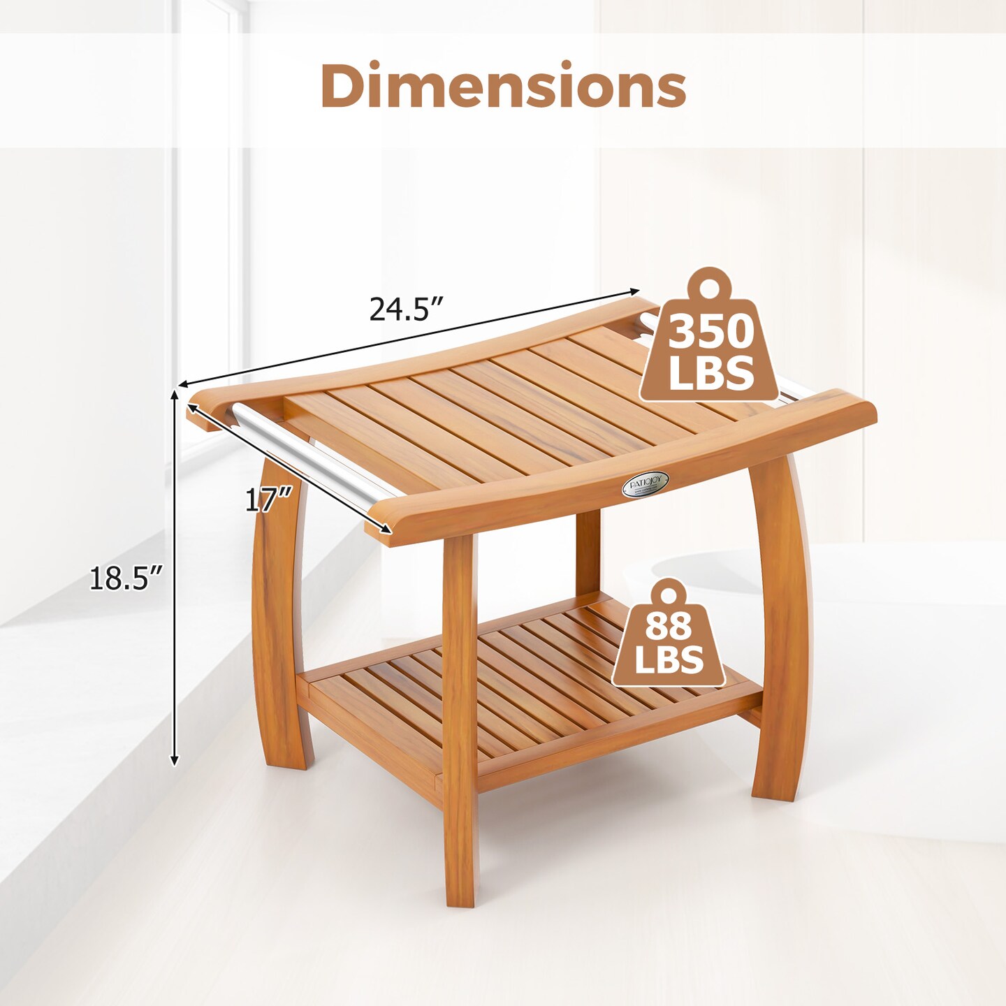 2-Tier Teak Wood Shower Bench Stool with Curved Seat and Handles Ideal Use as Plant Stand or Side Table