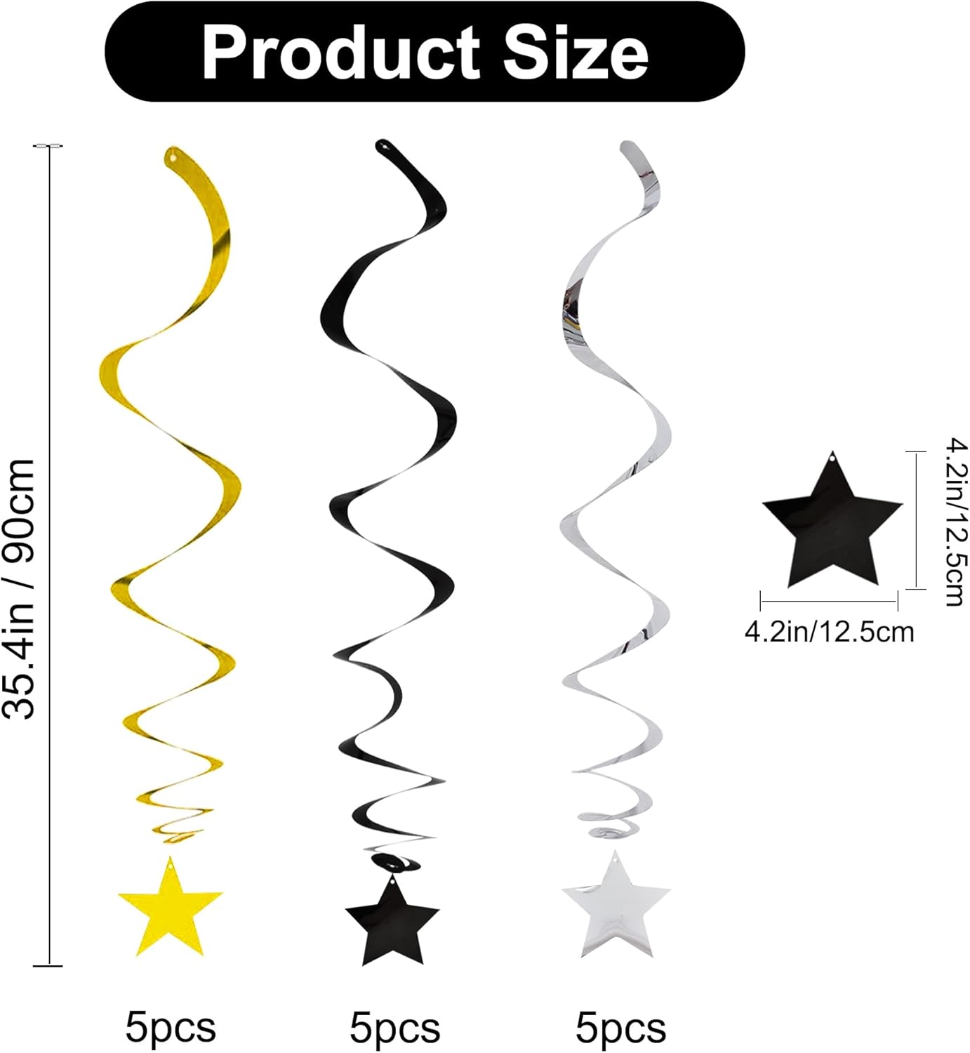 Black Gold Silver Star Hanging Swirl Decorations