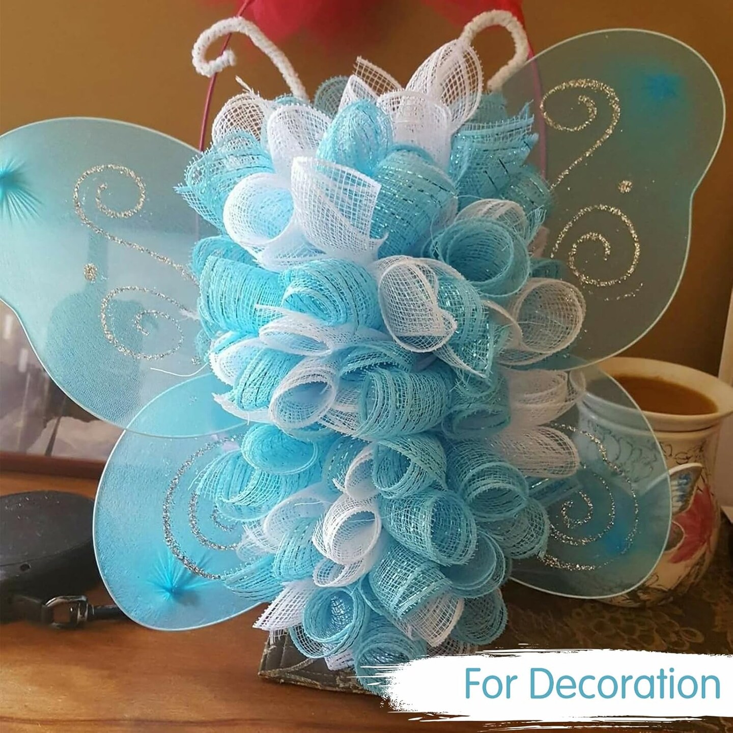 2 Rolls 10 Inch Light Blue Decorative Mesh Ribbbon Rolls, Fabric Mesh with Foil