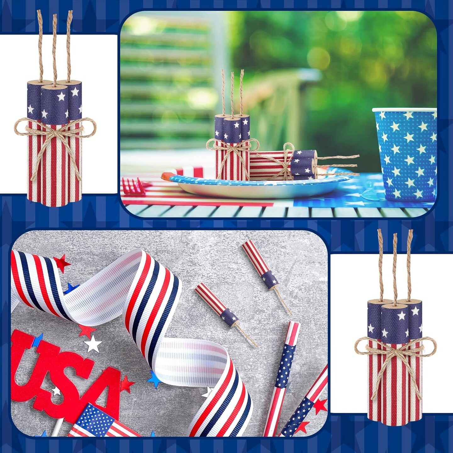 12 Pcs Patriotic Decor 4th of July Tiered Tray Decor Memorial Day Wooden Firework Sign Rustic Farmhouse Fourth of July Centerpieces Wood Block Sign Independence Day Decorations for Tabletops