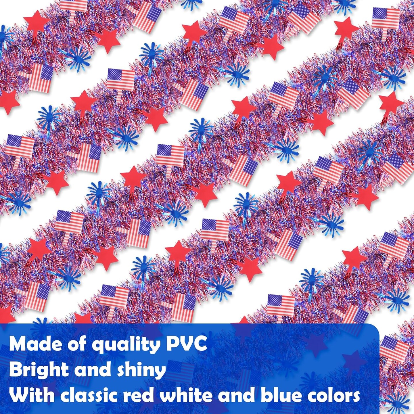 4th of July Decorations,33FT 4th of July Tinsel Garland with Star Firework American Flag, Patriotic Red White Blue Metallic Twist Garland for Home Tree Mantle Indoor Outdoor Parade Independence Day