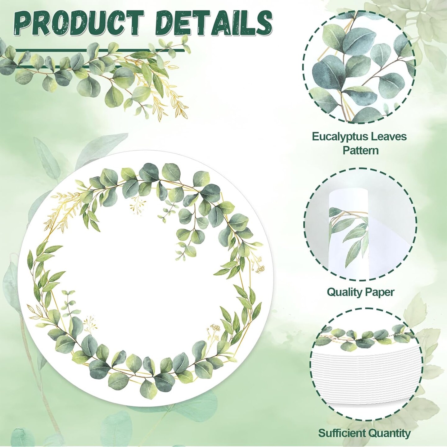 60Pcs Disposable Eucalyptus Leaves Place Mats Spring Summer Greenery Round Paper Table Mats Sage Green Eucalyptus Leaves Party Dining Table Decorations for Home Kitchen Baby Shower Wedding