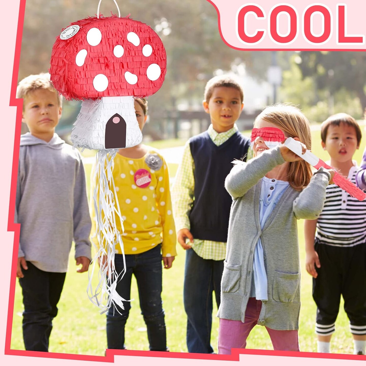 Mushroom Pinata with Stick and Blindfold, Paper, Baby Shower, Fantasy Theme Decoration