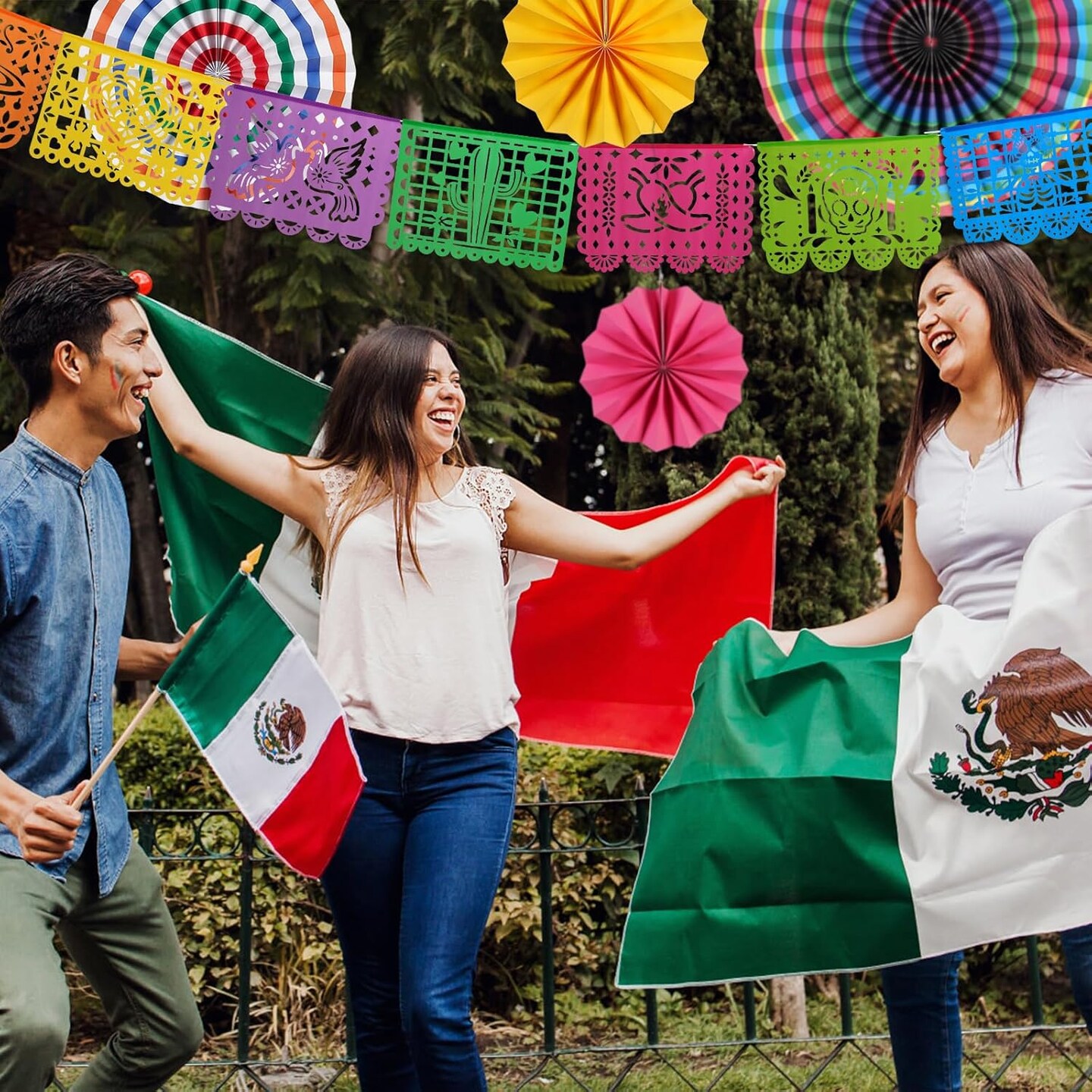 11Pcs Cinco de Mayo Decorations,Mexican Party Decorations, 90 Feet Papel Pacido,Fiesta Party Decoration Mexican Party Banner with 6 Pcs Fiesta Paper Fan,Papel Picado Banner for Mexican Carnivals Birthday