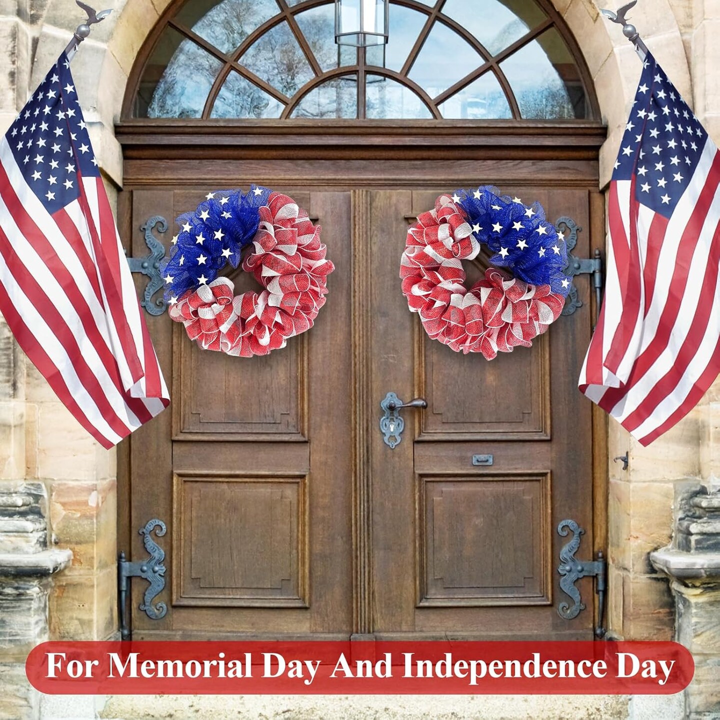 26 Inch Mesh Patriotic Front Door Wreath, 4th July Independence Day Wreath America Patriotic Flag Burlap Farmhouse Decor, Memorial Day Americana Summer Front Window Hanging Decor