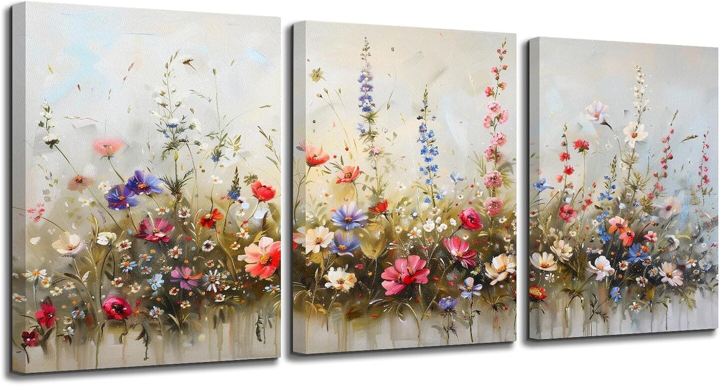 Summer Nature Floral Botanical Wall Art Prints, Aesthetic Farmhouse Decor, Misty Flowers Modern Home Decor Paintings, 3 Piece Canvas Wall Art for Living Room, Bathroom, and Bedroom, 12" x 16"