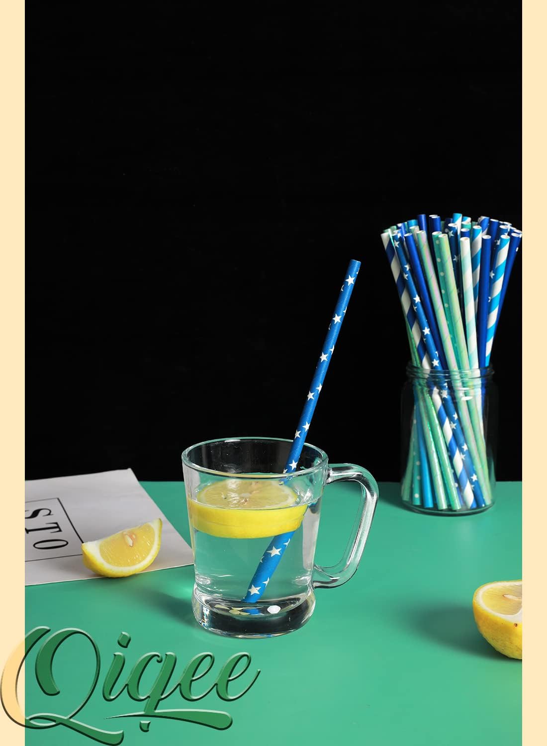 Blue Paper Straws 150pcs Disposable Bulk(10 Pattern)
