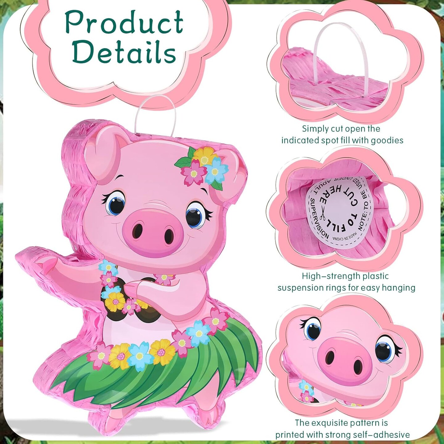 Small Pig Pi&#xF1;ata Hawaiian Party Decorations Pink Pig Pi&#xF1;ata with Blindfold Stick for Summer Hawaii Aloha Tropical Themed Birthday Party Supplies, 16.5 x 12.4 x 3.1 Inch