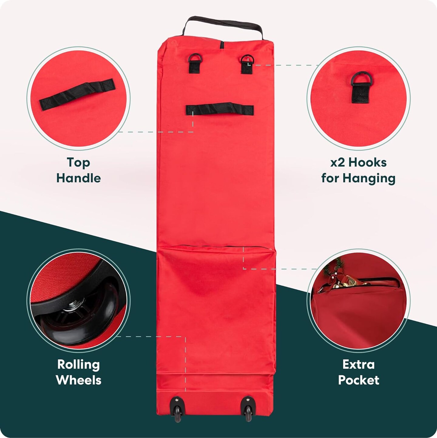 Rolling Tree Storage Bag - For 7.5-Foot Artificial Christmas Holiday Tree. Zippered Bag, Carry Handles and Wheels for Easy Transport, Protects Against Dust, Insects, and Moisture (Red)