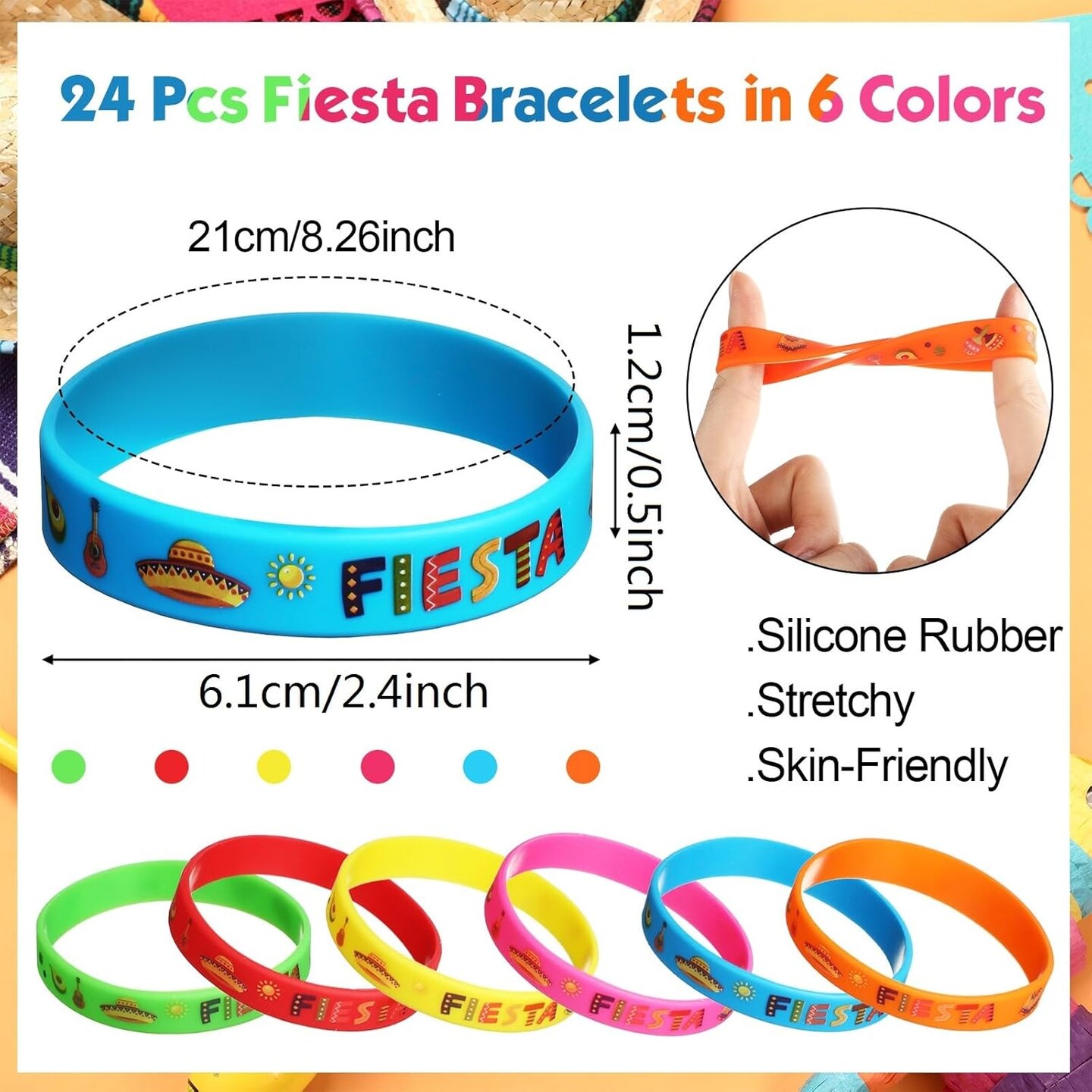 24 Pcs Mexican Fiesta Party Favors, Cinco De Mayo Gifts, Mexican Bracelets with Taco Cactus Piñata Pattern for taco party favors(Fiesta)
