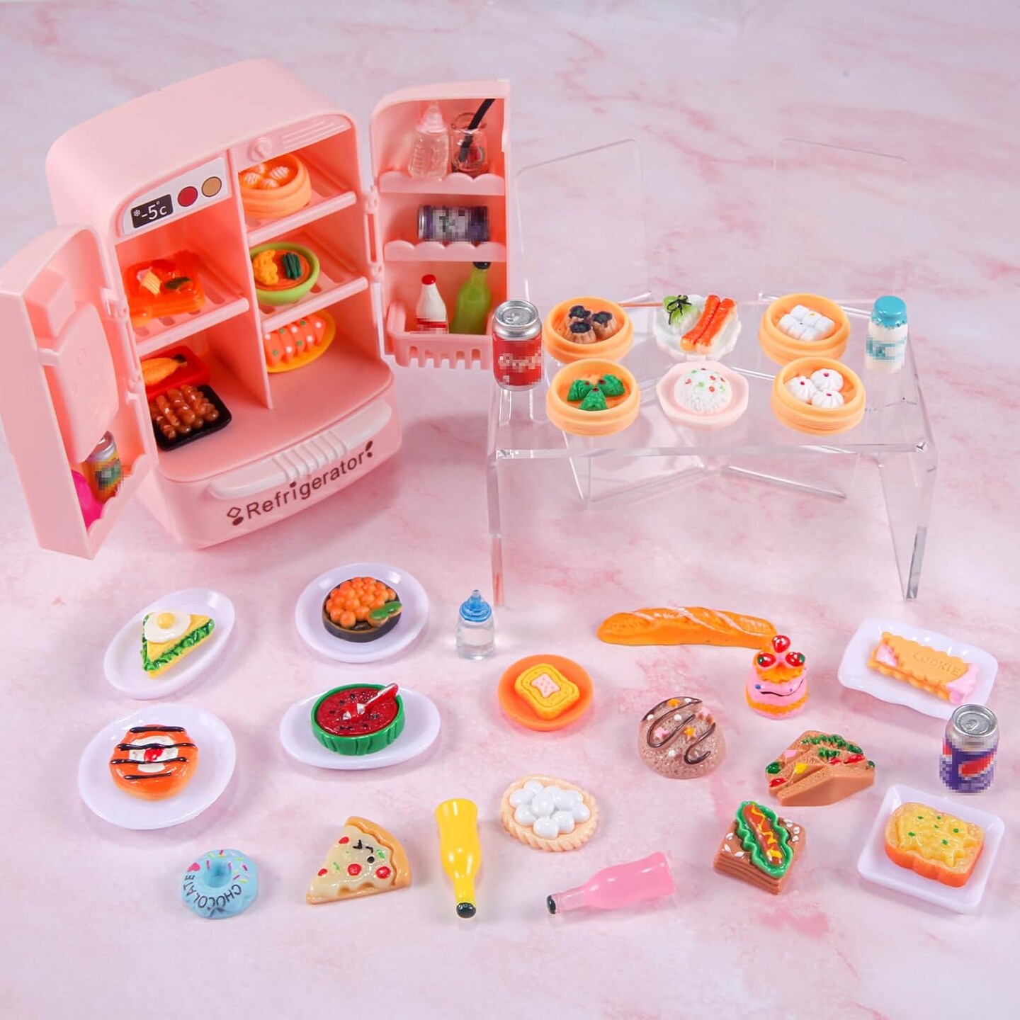 95 Pcs Dollhouse Refrigerator Mini Fridge Table Dining Car Toy with Food Set Kitchen Furniture Miniatures Party Fruits Juice Milk Desserts for Children Drink Cake Pretend Play Game Fake Ice Cubes