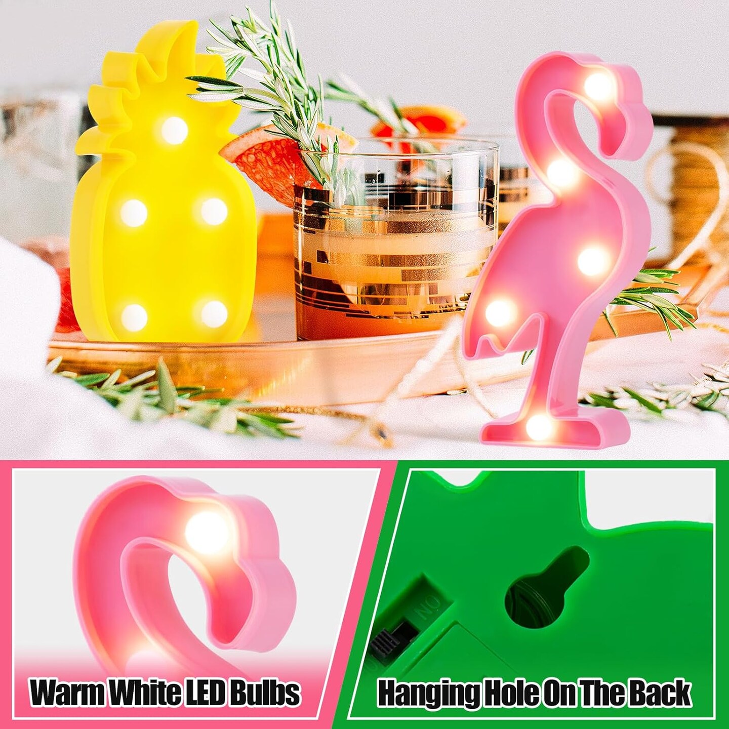 Summer Hawaiian Party Decorations Lights - 4 Shapes Flamingo, Cacti, Pineapple, Palm Tree Mini LED Sign Lamps for Summer Beach Tropical Party Decor Supplies