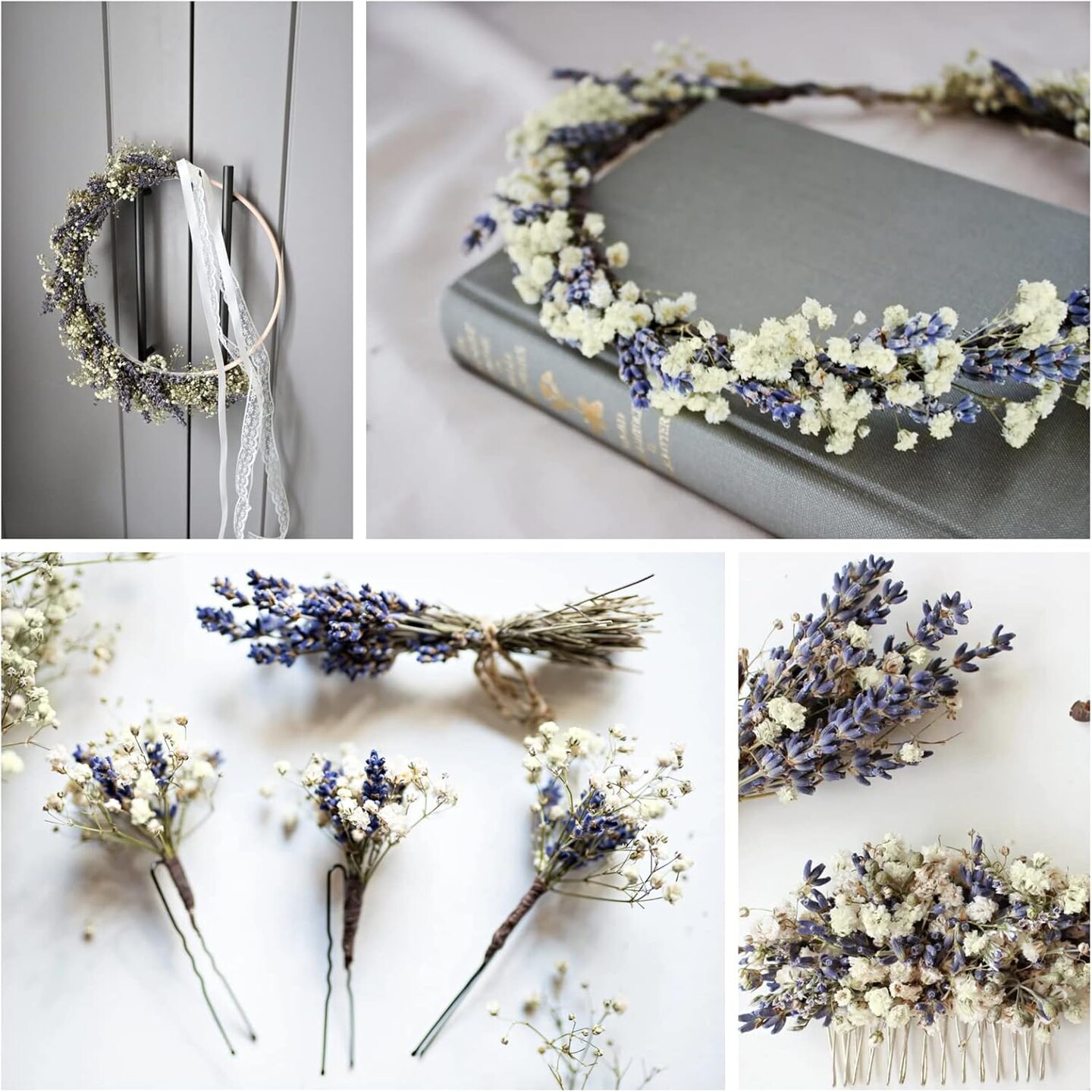 Dried Lavender &#x26; Baby&#x27;s Breath Flowers Bundles, 2 Bunches Dried Flower Bouquet for Vase, Natural Gypsophila, Valentines Day Decor Present, Home, Wedding, Photography, Floral Arrangement, DIY