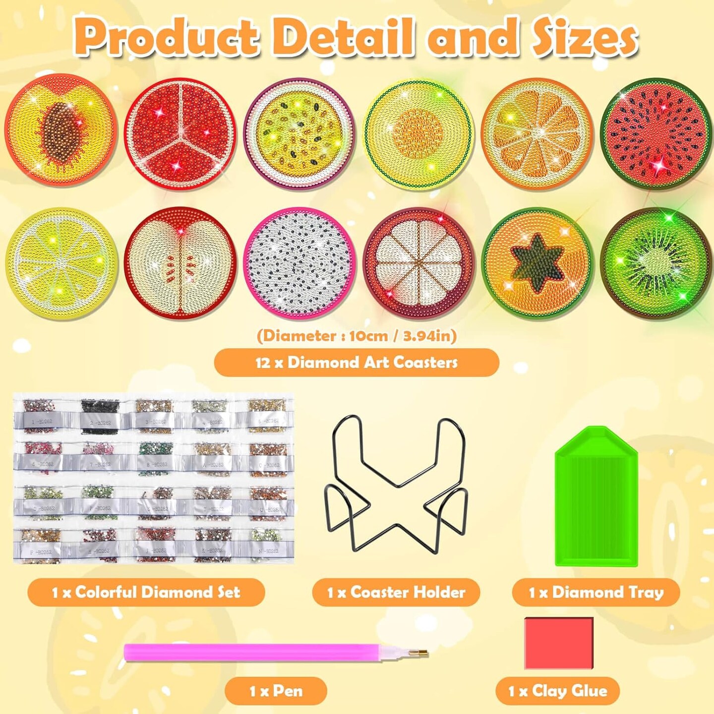 12 Pieces Diamond Art Painting Coasters Kit with Holder, Diamond Art Coasters, DIY Diamond Crafts Projects, Diamond Dot Kits for Adults and Beginners(Fruit Style)
