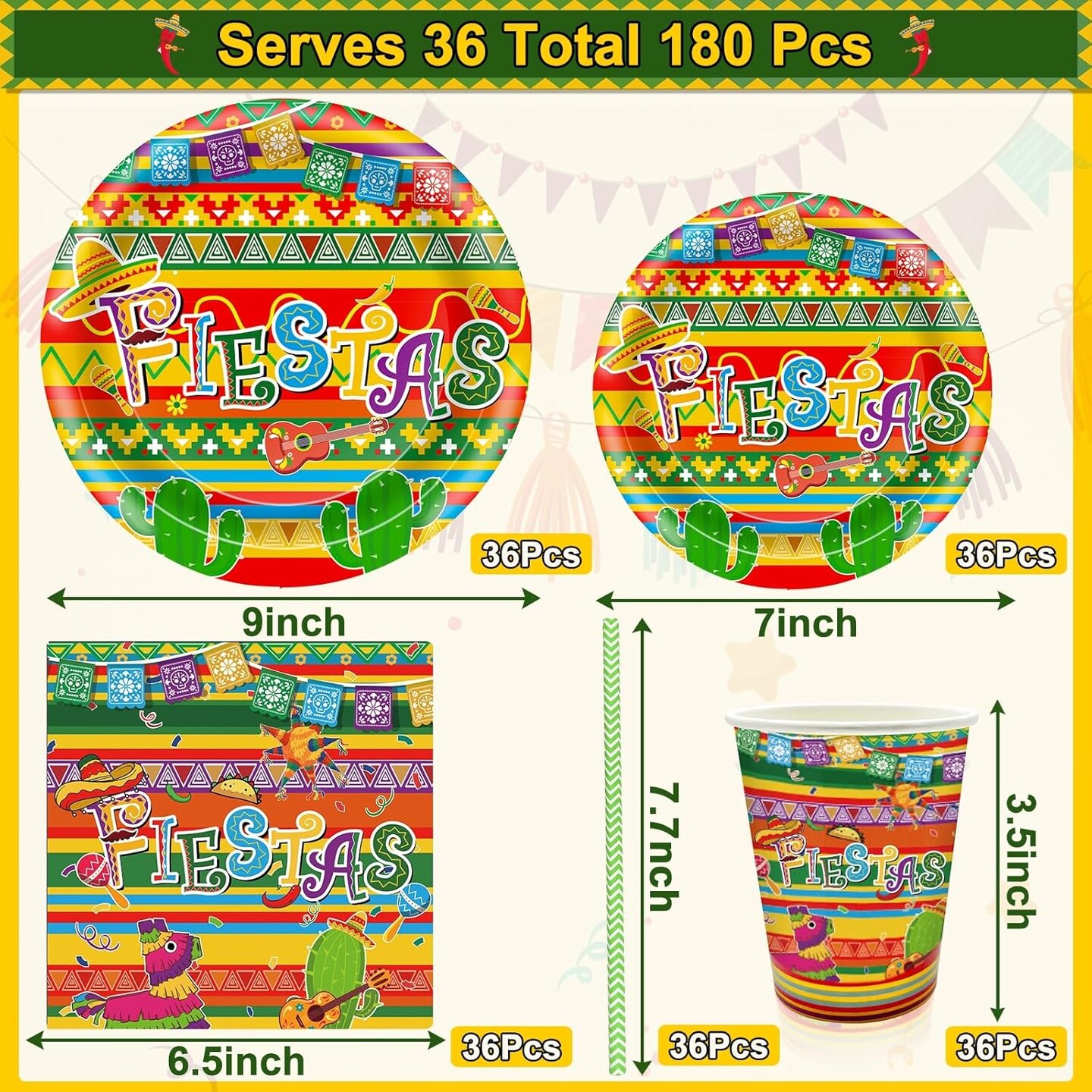 180 Pcs Cinco De Mayo Decorations for 36 Guests, Fiestas Mexican Tableware Set Include 9&#x27;&#x27; and 7&#x27;&#x27; Plates, Napkins, Straws, Cups Mexican Theme Party Supplies for Birthday Carnivals Taco Party Favors