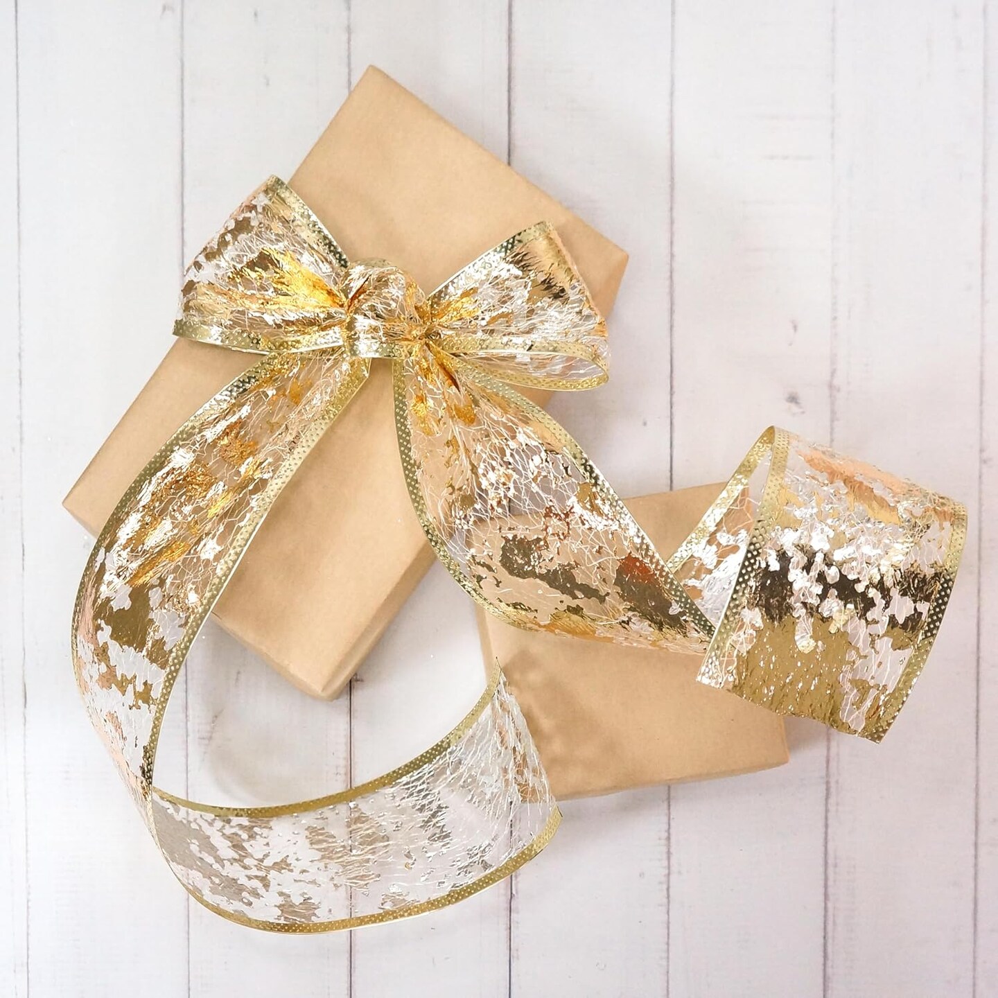 Gold Foil Metallic Mesh Wired Ribbon 10 Yards for Home Decoration Gift Wrapping