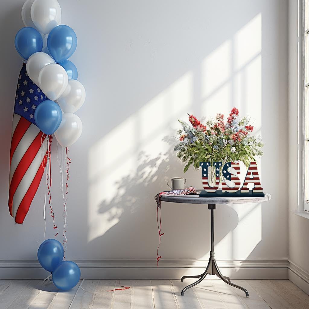 4th of July Wood Patriotic USA Sign Memorial Day Tabletop Decoration Free Standing Wooden Word Cutout US Flag Letters Centerpiece Sign for Independence Day Veterans Party American Decor