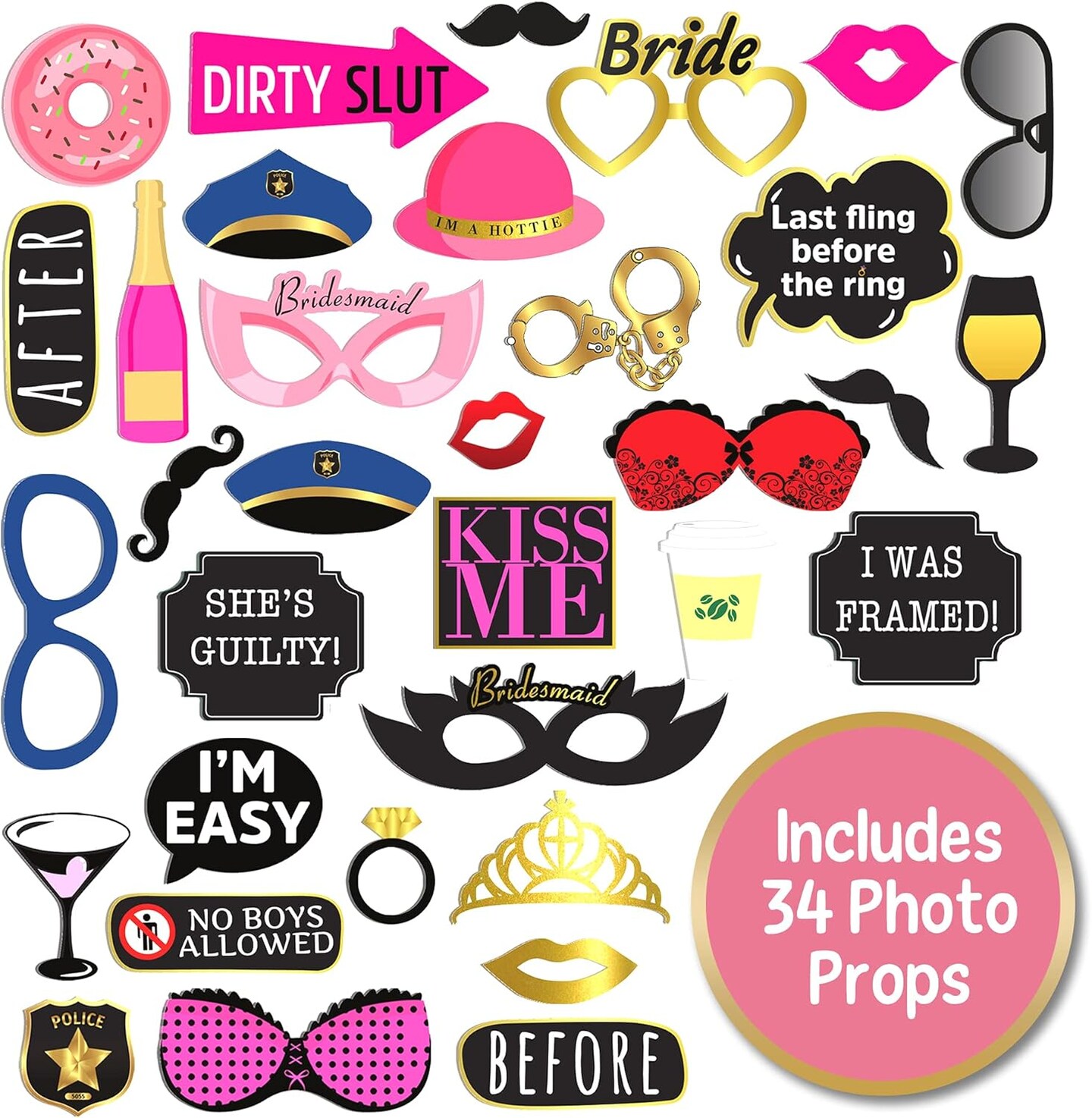 40 Unique Crimes on Fun Bachelorette Party Mugshots! Includes 34 pieces of Photo Booth Props, Game instructions! Great idea for Birthdays, Girls Night Out, Stagettes, NYE, Hen Parties, Party supplies!