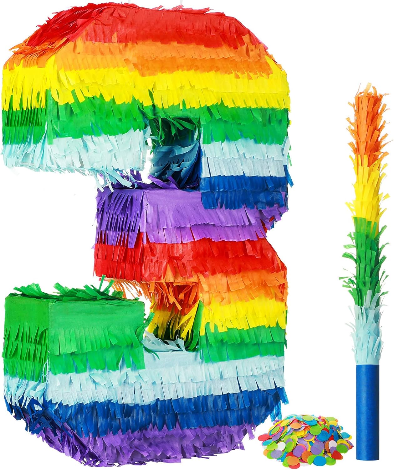 Rainbow Number Pi&#xF1;ata Multicolor Number Pi&#xF1;ata Small Kids Birthday Party with Blindfold Stick and Confetti for Birthday Anniversary Cinco De Mayo Fiesta Party Decor(Number 3)