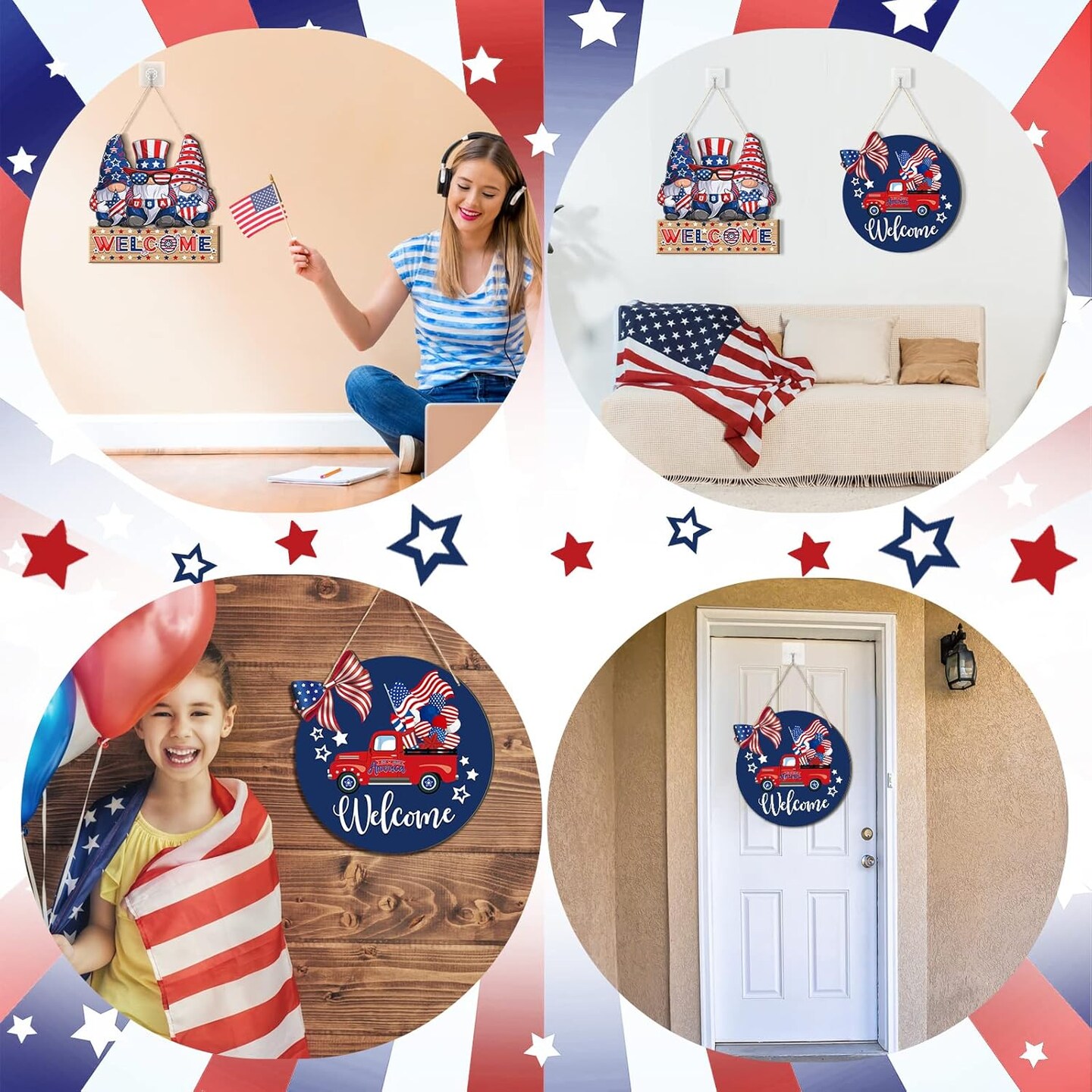 2 Pcs 4th of July Welcome Sign Decorations Patriotic Gnomes Wooden Signs Star American Flag Large Hanging Decor for Independence Day Party Memorial Day Outdoor Home Front Door Window Wall Ornament