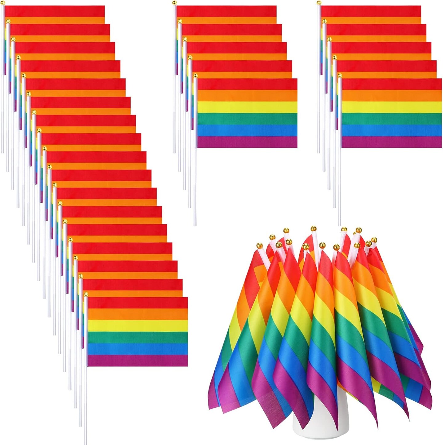 100 Pack Rainbow Pride Flag Small Mini Flags Handheld American Rainbow Stick Flag Party Decorations Supplies for Holiday Outdoor Accessory For Gay and Girl Flags, 5.5 x 8.2 Inches