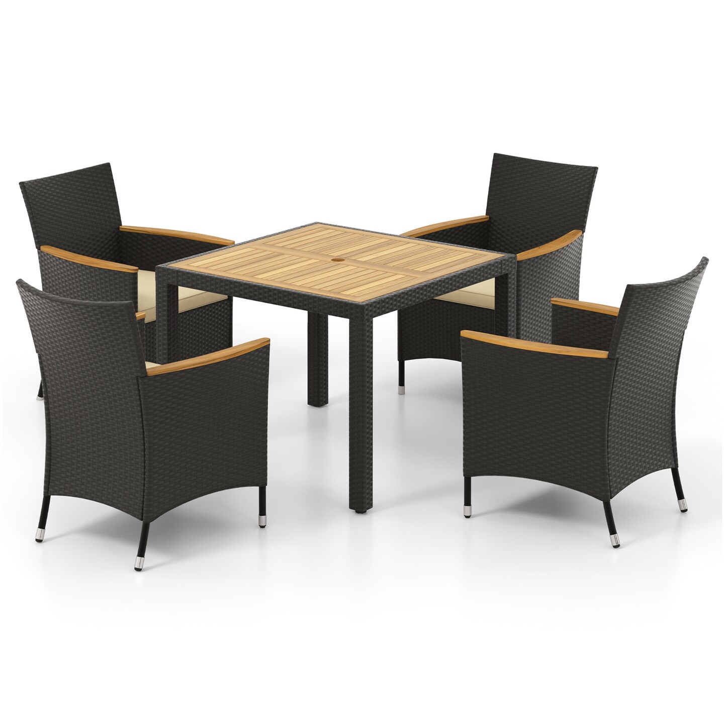 Acacia Wood Dining Set, 5-Piece Rattan Table with Cushioned Chairs and Umbrella Hole