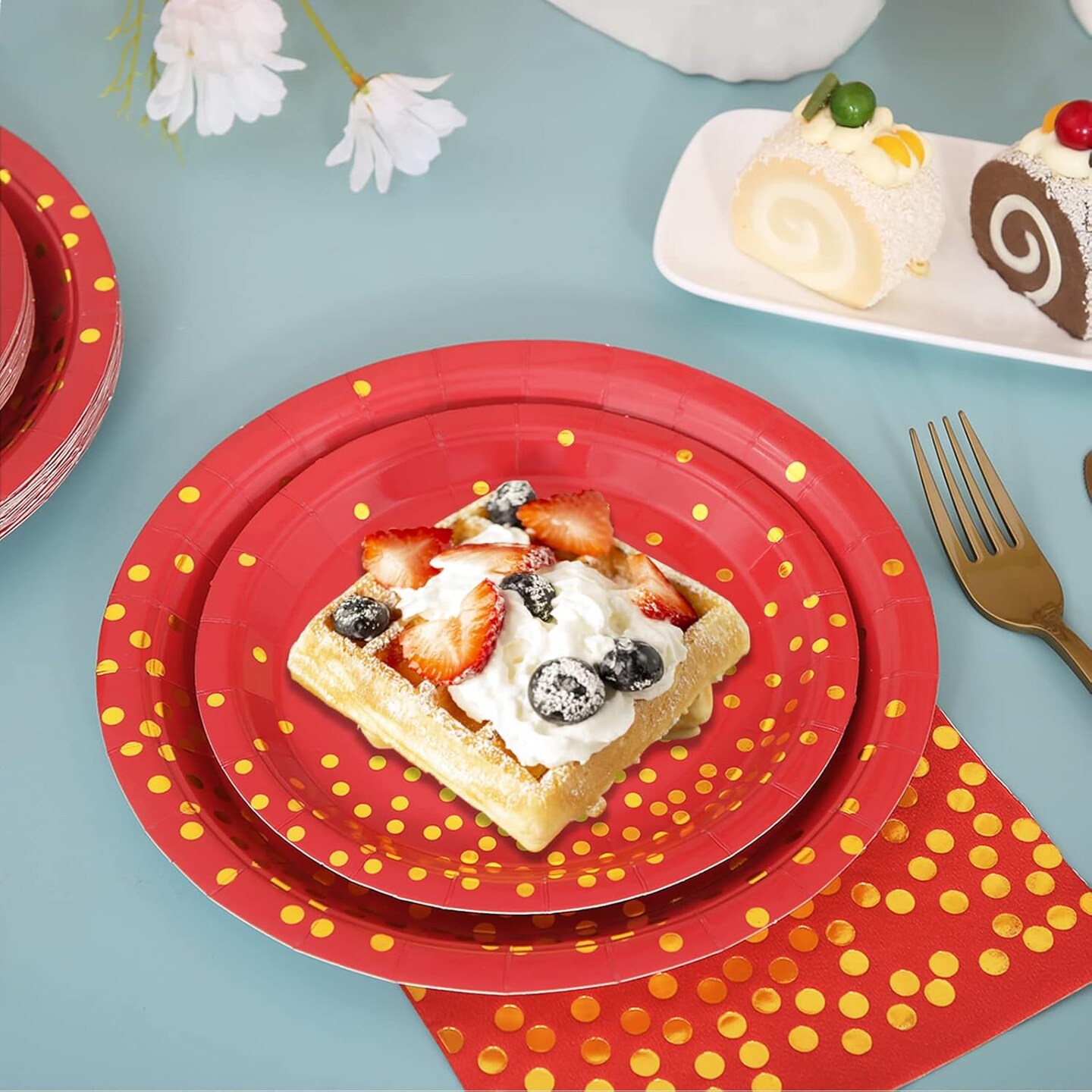 168Pcs Red and Gold Party Tableware Decorations, Red Plates and Napkins Serve 24, Red Paper Plates, Red and Gold Plates for Birthday Valentines Plates, Mardi Gras Plates, Red Graduation Plates