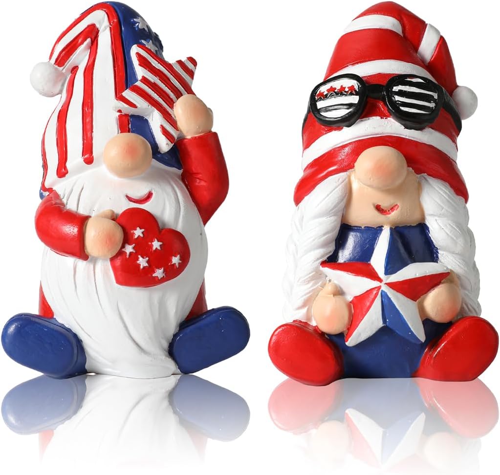 4th of July Gnomes Decorations, Set of 2 Hand-Painted Resin Patriotic Gnome Figurines, 4-Inch American Flag Stars & Stripes Decor for Independence Day Tabletop, Shelf & Home Display