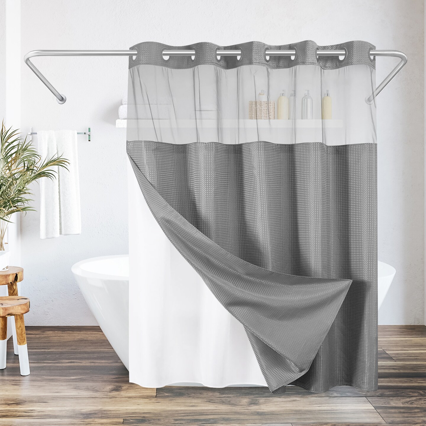 Americanflat 72x75 Hookless Waffle Pattern Shower Curtain - Water-Resistant Long Shower Curtain with Sheer Panel, Snap-In Liner, and Grommets